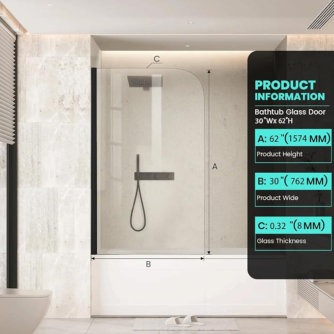 30" W x 62" H Frameless Bathtub Shower Door Bathtub Glass Panel Half Shower - Image 6