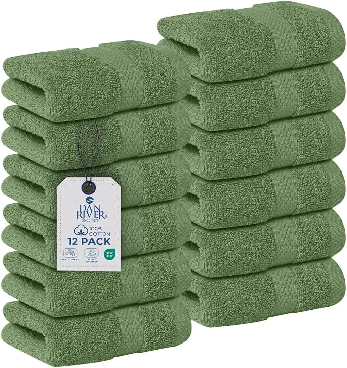 DAN RIVER 12-Pack Premium 100% Cotton SAGE Green Face Towels – Reusable Face by DanRiver