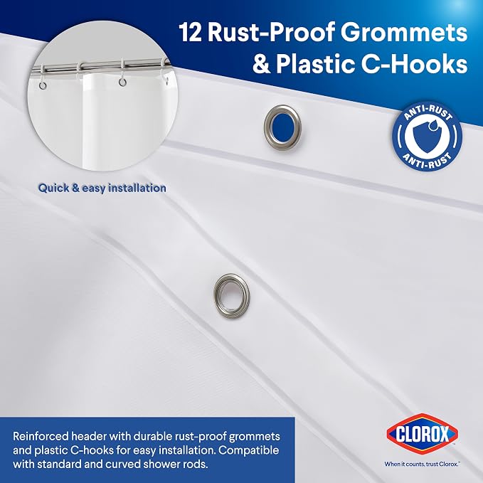 CLOROX Shower Curtain Liner & Hooks, Premium Lightweight Flexible Waterproof 4g - Image 7