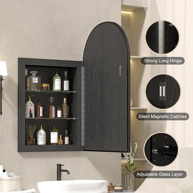 Recessed Medicine Cabinet for Bathroom, Brushed Black Arched Medicine Cabinet - Image 3