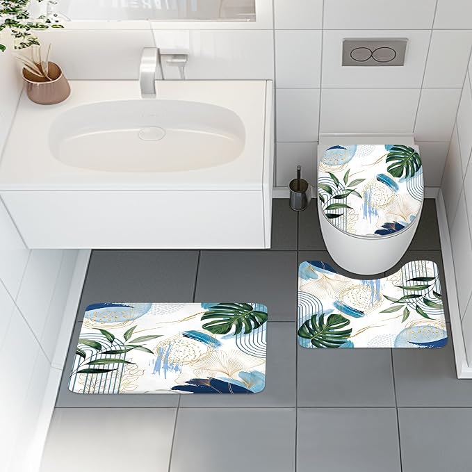 4 PCS Blue Boho Shower Curtain Set 72Wx72H Non-Slip Bath Rug Toilet Lid Cover - Image 2