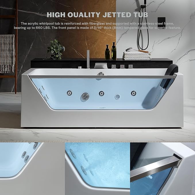 Empava Acrylic Whirlpool Bathtub, 71-Inch Jetted Bathtub - Image 3