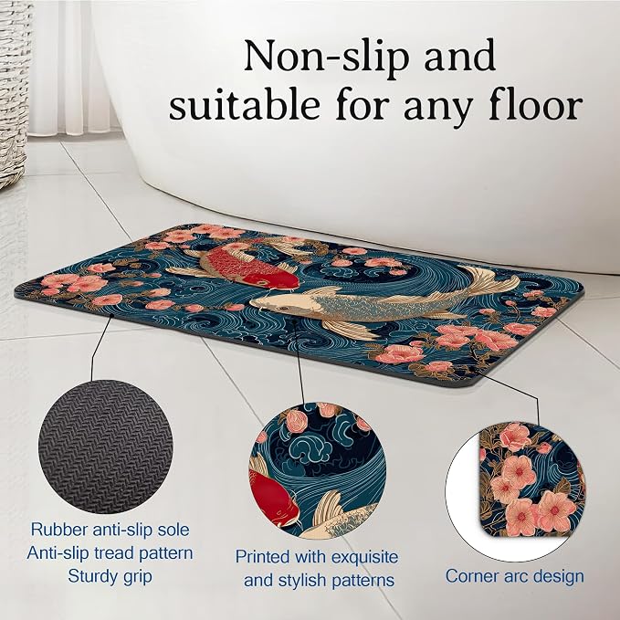 Koi Bath Mat, Japanese Waves Cherry Blossoms Bathroom Rugs, Absorbent Bath Rug - Image 4