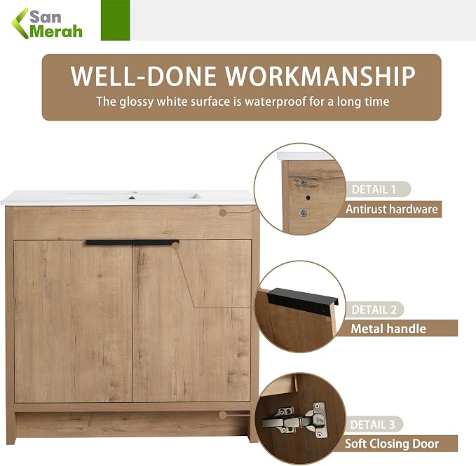 36 inch Bathroom Vanity with Sink, Bathroom Cabinet W/Single Ceramic Sink - Image 6