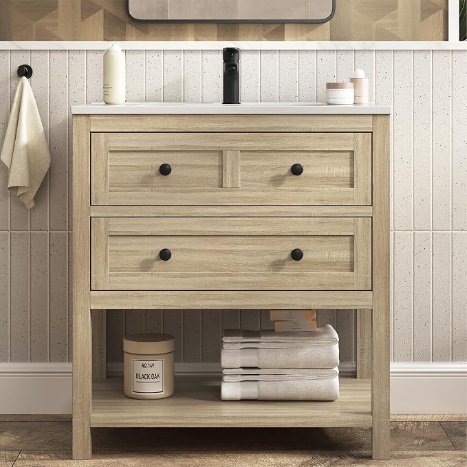 30 Inch Bathroom Vanity with Sink, Farmhouse Storage Cabinet with Drawers & by DELUXELIVING