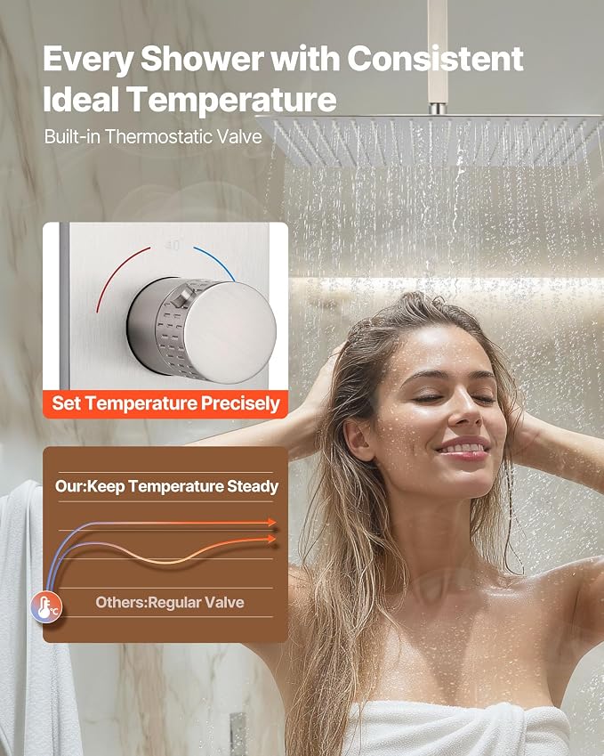 VEVOR Shower Faucet Set, 16 Inch Thermostatic Ceiling Mount Rainfall Shower - Image 3