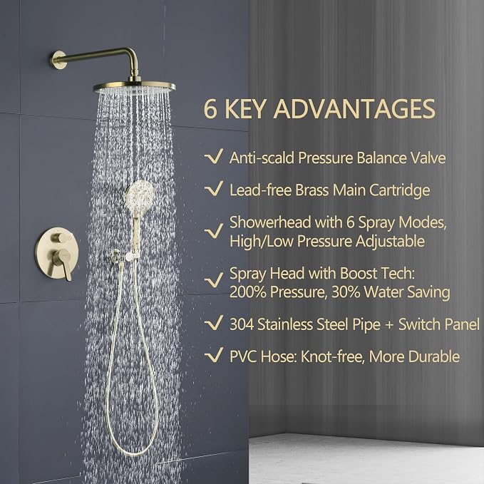 Brushed Gold Shower Faucet Set, Wall Mount Rain Shower System 10 Inches Shower - Image 2