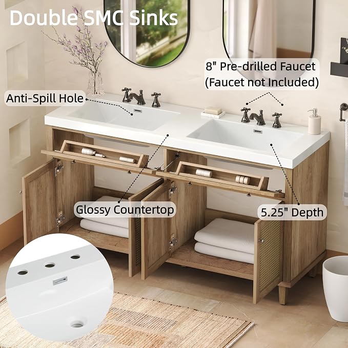 60" Bathroom Vanity with SMC Double Sink, Modern Large Storage Space with 2 - Image 5