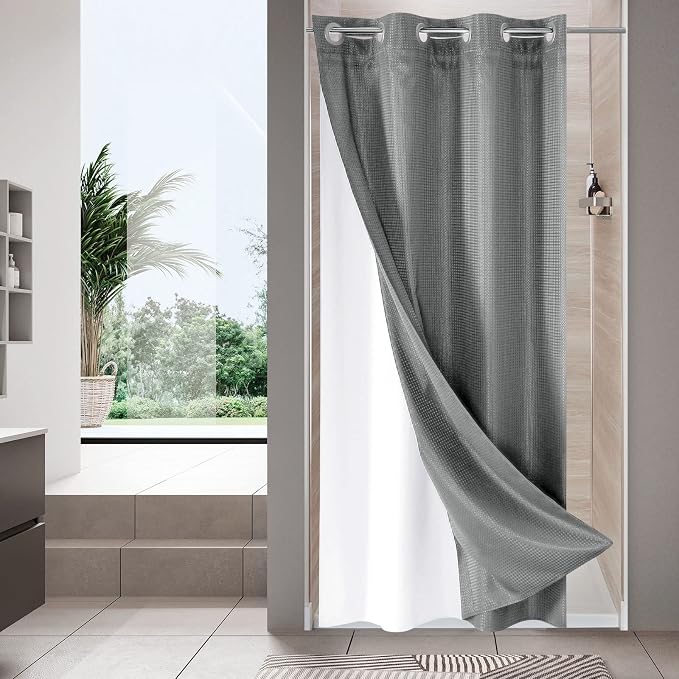 MitoVilla Black Waffle Small Stall Shower Curtain Liner Set 36 x 74, No Hooks by MitoVilla