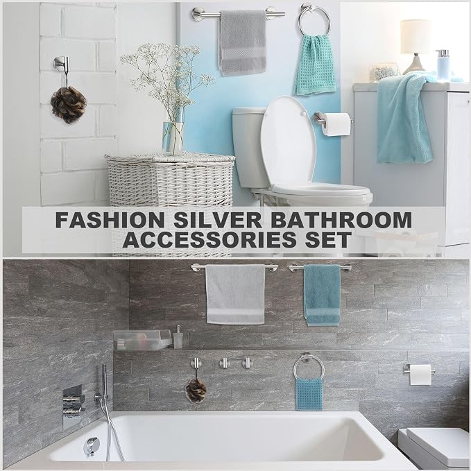 Gisafai 15 Piece Bathroom Hardware Set, 23.6 Inch Brushed Towel Bar Ring Toilet - Image 5