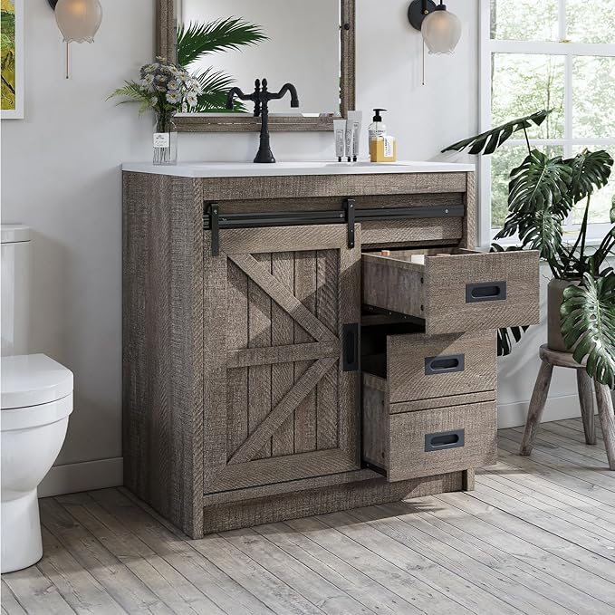 31" Farmhouse Sliding Barn Door Bathroom Vanity - Image 6