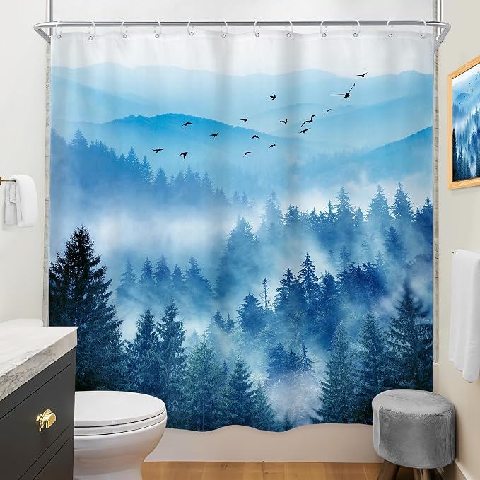 Riyidecor Navy Blue Mountain Shower Curtain 72Wx84H Inch Extra Long Woodland - Image 4