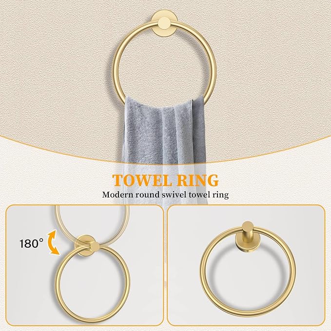 Brushed Gold Towel Bar Set 10 Pieces Round Bathroom Hardware Set Includes - Image 3