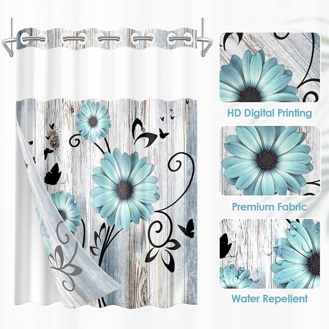 No Hook Teal Flower Shower Curtain - Image 2