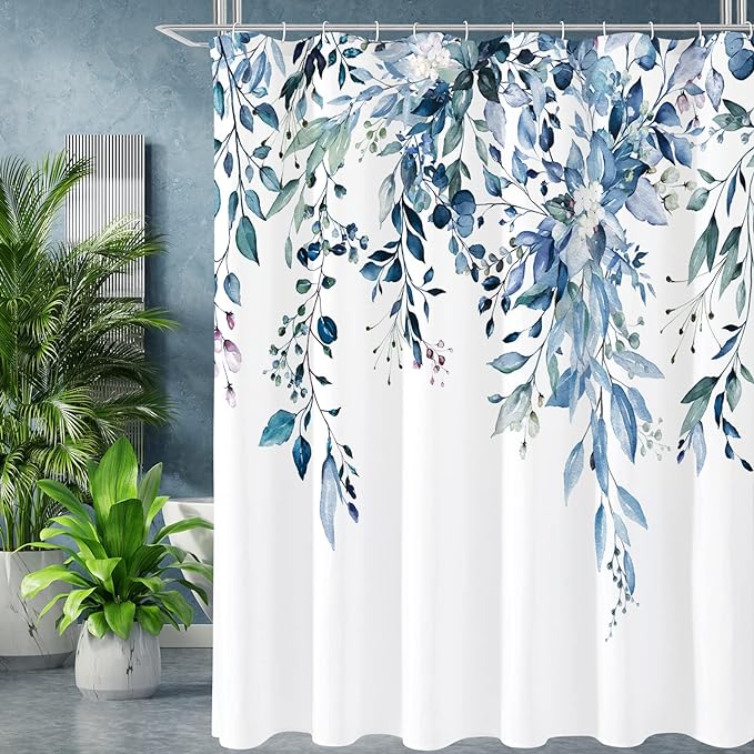 Gibelle Blue Eucalyptus Shower Curtain, Watercolor Plant Leaves by Gibelle