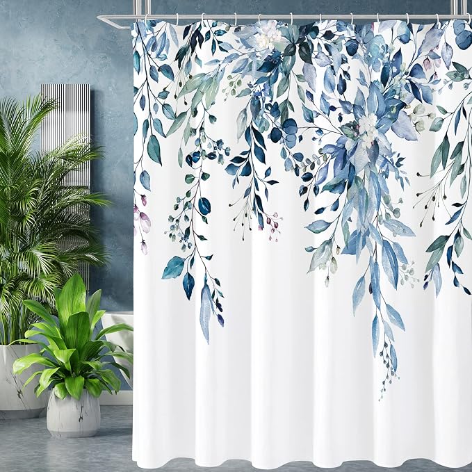 Gibelle Long Shower Curtain 72 x 78, Watercolor Plant Eucalyptus Leaves Fabric by Gibelle