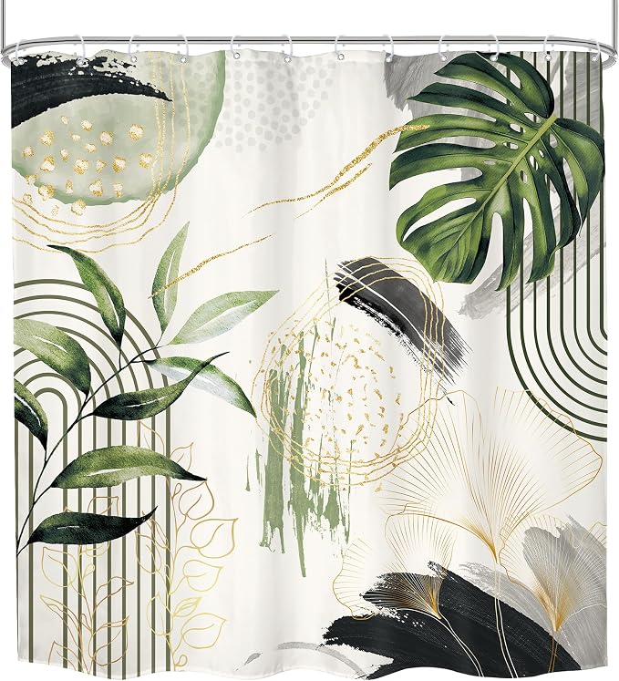 Grey Green Boho Shower Curtain 72Wx72H Abstract Tropical Palm Leaves Modern - Image 6