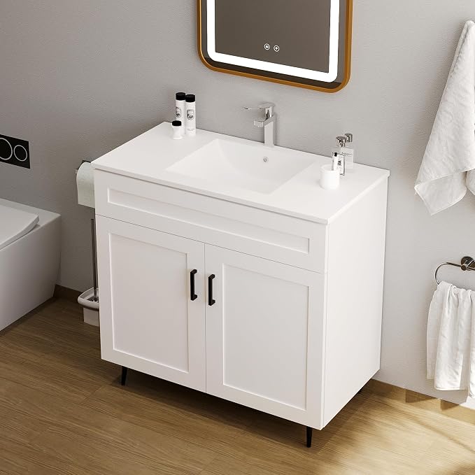 36" Bathroom Vanity with Sink, Freestanding Wooden Bathroom Vanity with 2 Doors - Image 3