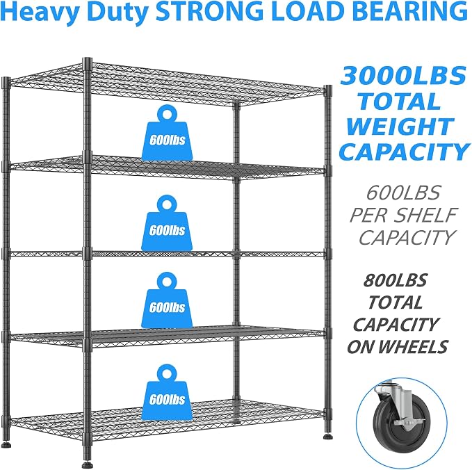 Homdox Heavy Duty Storage Shelves, 5 Tier Wire Shelving Unit - Image 4