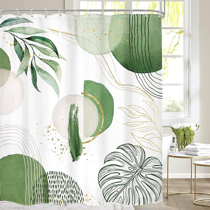 Extra Long Green Boho Shower Curtain 72Wx84H Mid Century Modern Abstract Palm by MitpokBrand