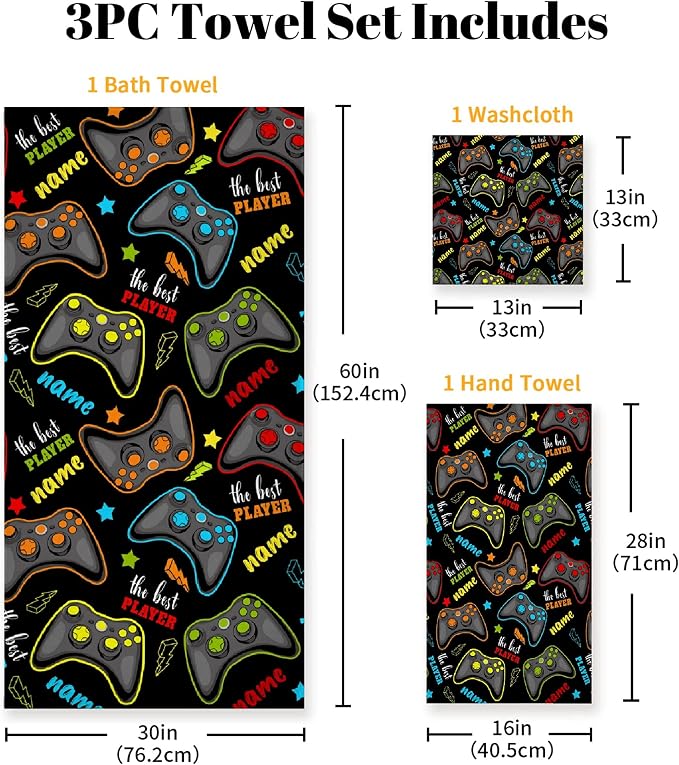 Custom Name Gaming 3 Piece Towel Bathroom Sets, 1 Bath Towel, 1 Washcloth - Image 2