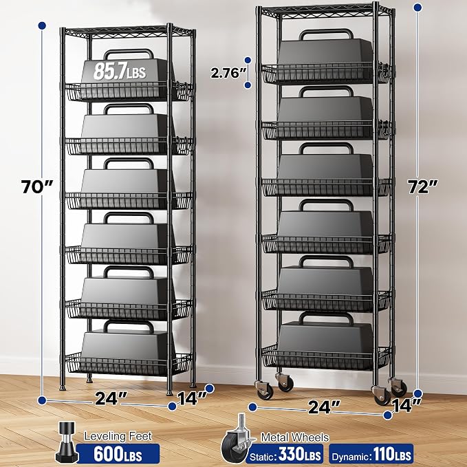 7 Tier Wire Shelving Unit with Wheels 72" H Adjustable Basket Shelf Storage - Image 2