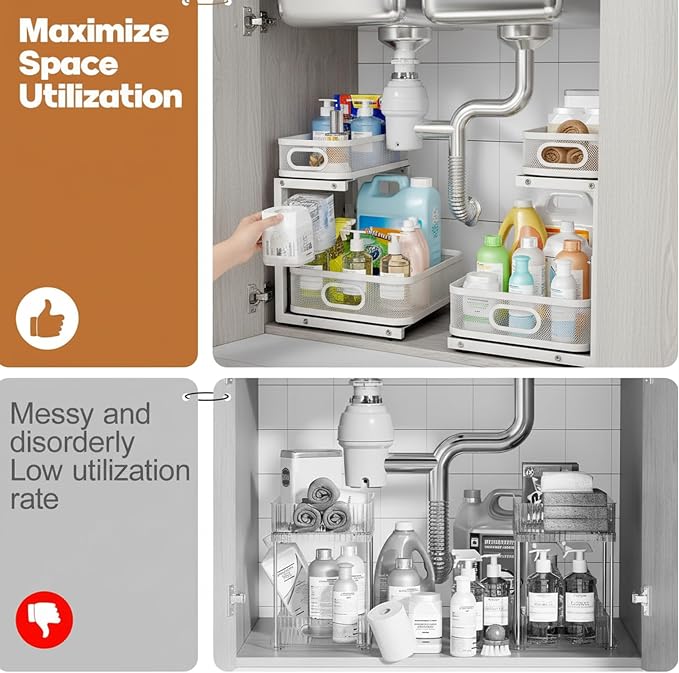 2 Pack Under Sink Organizer, Dual-Layer Pull Out Mesh Cabinet Rack - Image 5