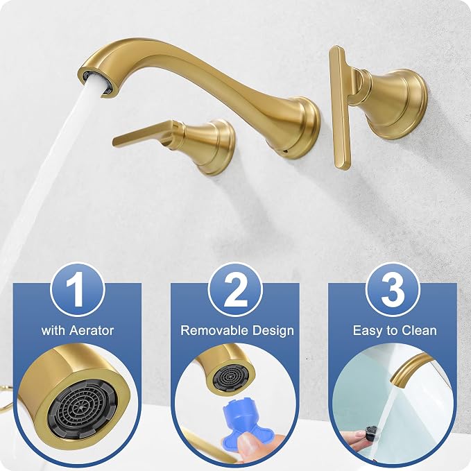 Wall Mount Tub Faucet, High Flow Solid Brass Brushed Gold Bathtub Faucet - Image 8