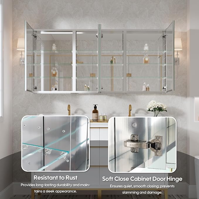 WELLFOR 64" x 30" Rectangle Medicine Cabinet Mirror, Surface Mount or Recessed - Image 5