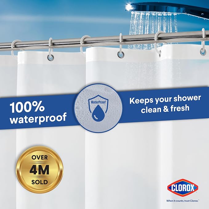 CLOROX Shower Curtain Liner & Hooks, Premium Lightweight Flexible Waterproof 4g - Image 6