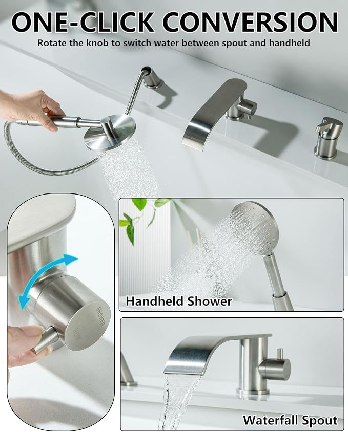 Roman Tub Faucet with Hand Shower, Deck Mount Bathtub Filler Faucet with Sprayer - Image 5