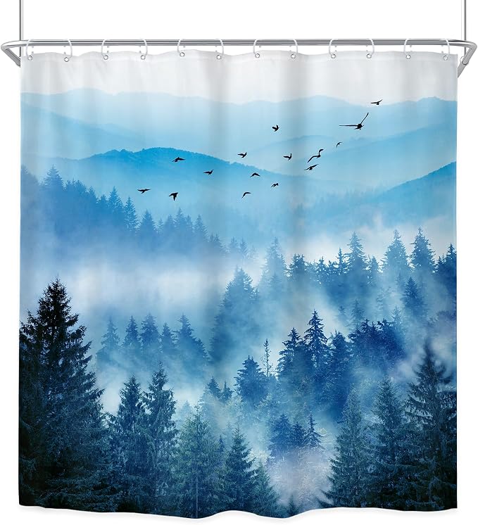 Riyidecor Navy Blue Mountain Shower Curtain 72Wx84H Inch Extra Long Woodland - Image 8