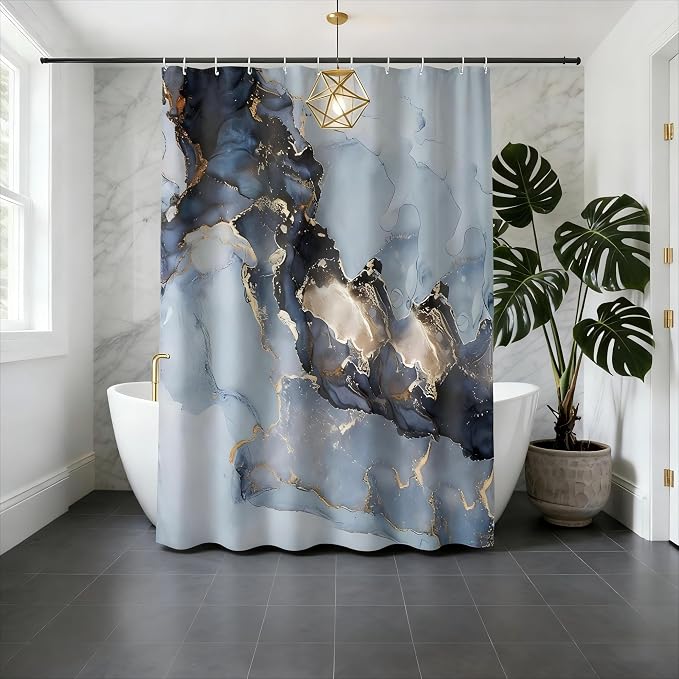Domoku Blue Marble Shower Curtain 72x72 – Blue and Gold Waterproof Fabric - Image 6