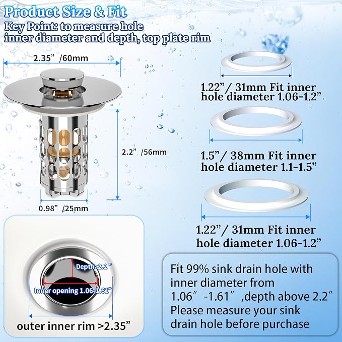 3 in 1 Bathroom Sink Drain Strainer, Universal Pop Up Bathroom Sink Stopper - Image 6