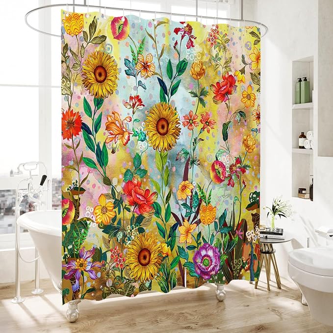 Bohemian Shower Curtain, Boho Floral Print Water Repellent Polyester Fabric - Image 2