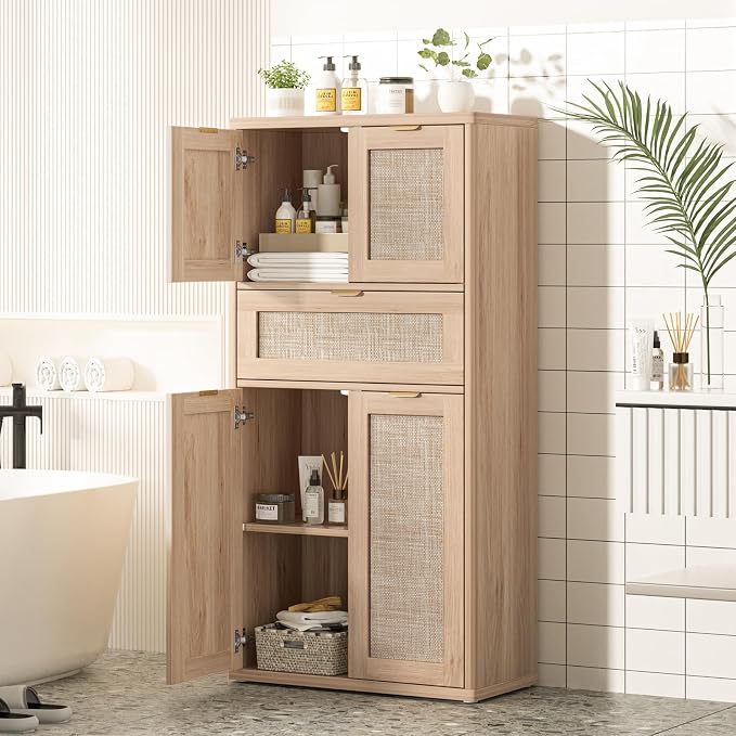 LEYAOYAO 48" Tall Storage Cabinet Set of 2, Rattan Bathroom Floor Cabinets - Image 3