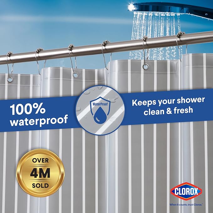 CLOROX Shower Curtain Liner, Premium Striped Medium-Weight Durable Waterproof - Image 6