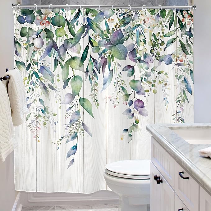 Riyidecor Teal Shower Curtain for Bathroom Decor 72Wx72H Eucalyptus Leaves - Image 4