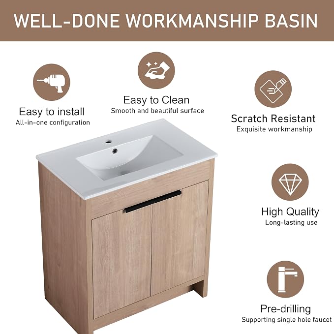 30 Inch Bathroom Vanity with Ceramic Sink, Freestanding Brown Bathroom Vanity - Image 3