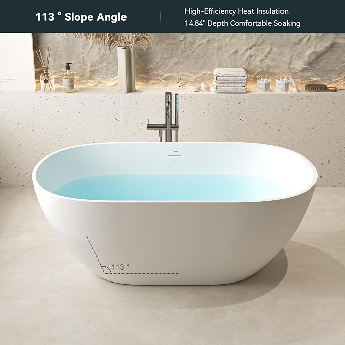 FerdY Fiji 59" Stone Resin Freestanding Bathtub, Elegant Oval Freestanding - Image 4