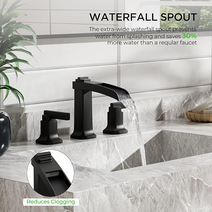 FORIOUS Brass Matte Black Commercial Bathroom Faucets 3 Hole, Waterfall Modern - Image 2