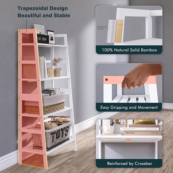 HITNET White Ladder Bookshelf, Leaning Bookcase, 4-Tier Bamboo Shelf, Floor - Image 7