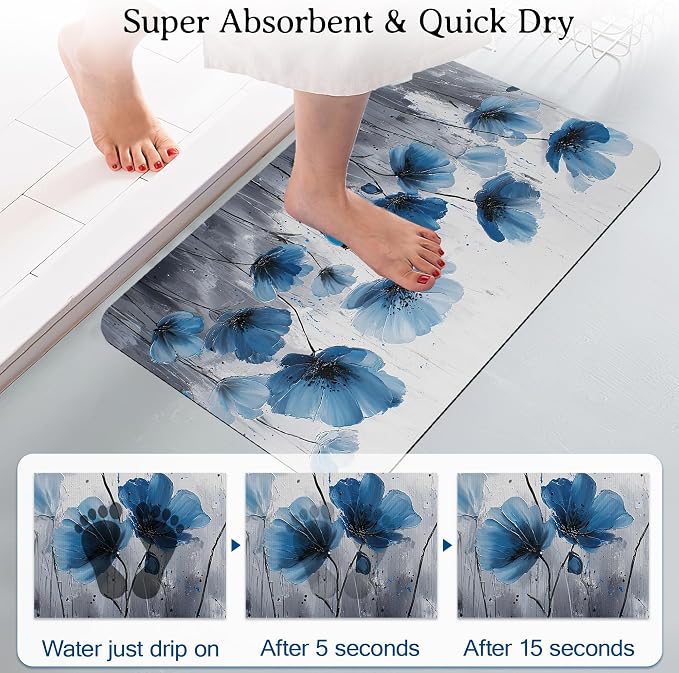 Elightvap Vintage Blue Flower Bathroom Rugs Mat Non Slip Absorbent Quick Dry - Image 3