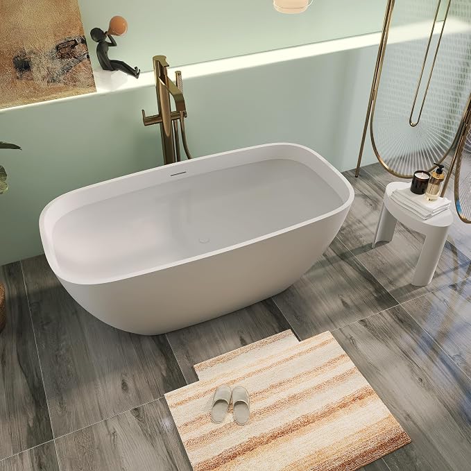 59" Premium Matte White Solid Surface Freestanding Bathtub, Upgraded Modern - Image 2
