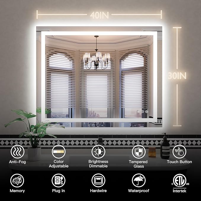 ISKM 40'' x 30'' LED Mirror for Bathroom Lighted Vanity Mirror for Wall Front - Image 7