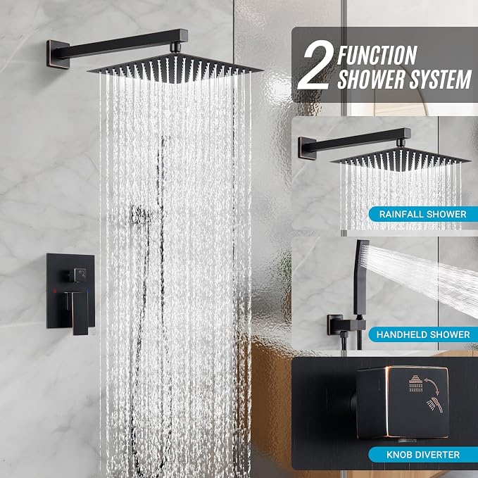 Shower Faucet Set, Wall Mount 10 Inch Square Rainfall Shower Head and Handle - Image 2