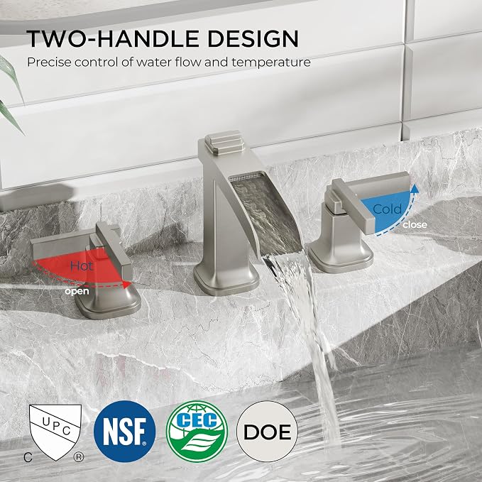 FORIOUS Brass Bathroom Faucets 3 Hole, Modern Waterfall Widespread 8 Inch - Image 4