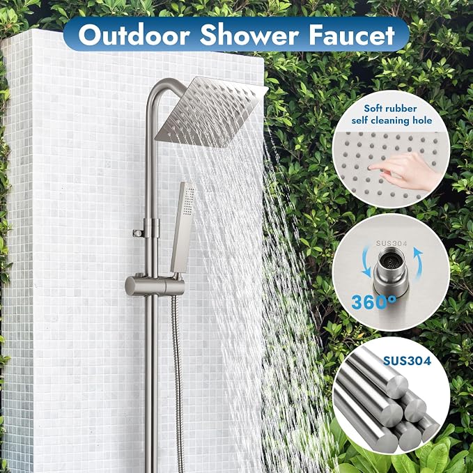 Wall Mounted Outdoor Shower Set Brushed Nickel 6 Inch Square Rainfall Shower - Image 2