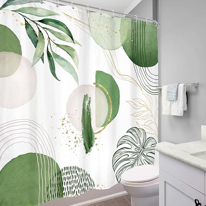 Green Boho Shower Curtain 72Wx72H Mid Century Modern Abstract Gold Olive - Image 4