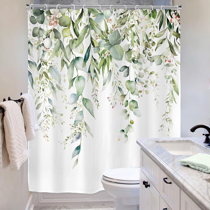 Riyidecor Sage Green Eucalyptus Shower Curtain, Fabric Cloth Bathroom Curtains - Image 3